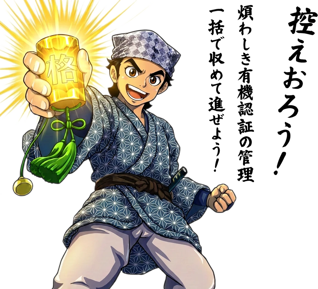 有機JAS生産管理システム「格さん」のキャラクターが「格」の文字の印籠を掲げているイラスト。「控えおろう！ 煩わしき有機認証の管理、一括で収めて進ぜよう！」
